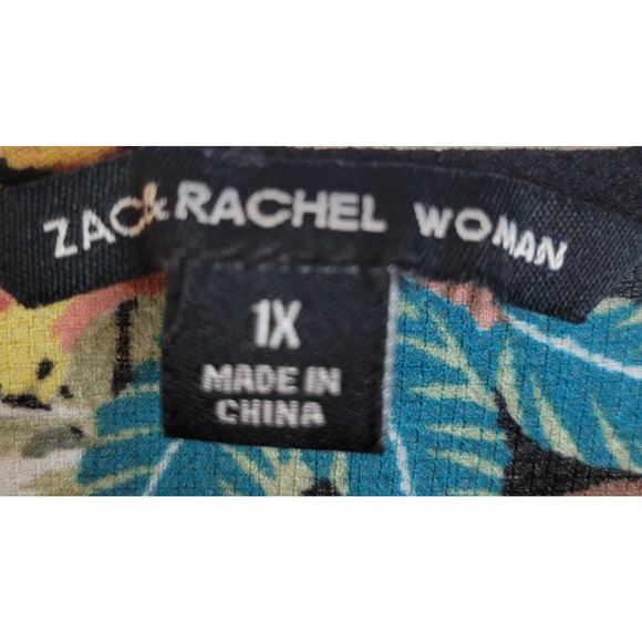 Zac & Rachel Batwing Boho Top Women's 1X V-Neck Semi Sheer Black Tropical - Picture 2 of 13
